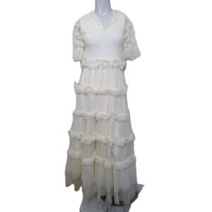 Ivy City Co Ivory Tulle Lace Tiered Smocked Bodice Maxi Dress Size Small